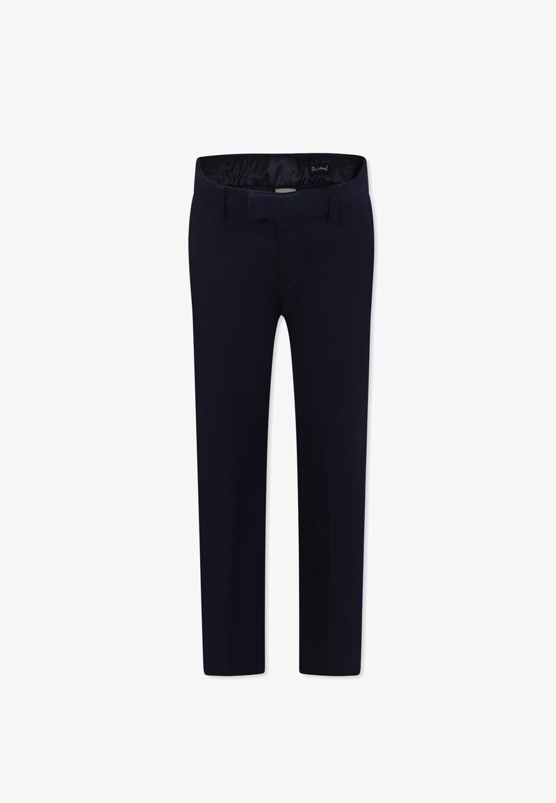 Pantaloni blu navy a vestibilità slim, realizzati in tessuto morbido. Presentano un davanti piatto, passanti per cintura e tasche laterali. Nessuna minuteria o motivo visibile.