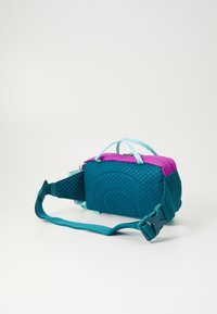 Teal ja lillakas seljakott tekstuuriga pinnaga, millel on ülemine käepide, reguleeritav rihm ja lukuga sulgemine.