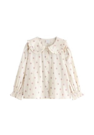 Kremfarvet bluse med lange ærmer med lille lyserødt blomsterprint, rynket peter pan-krave, knapper forrest og elastiske manchetter.