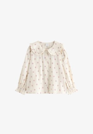 Kremfarvet bluse med lange ærmer med lille lyserødt blomsterprint, rynket peter pan-krave, knapper forrest og elastiske manchetter.