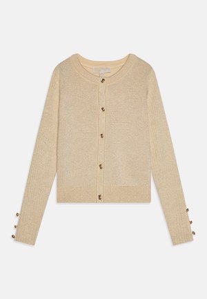 Gebreide cardigan in lichtbeige met een ronde halslijn, een knoopsluiting aan de voorkant en geribde mouwen met decoratieve knopen op de manchetten.
