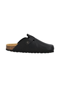 Black slip-on clog made of textured leather with a cork sole. Features a strap with a metal accent. Flat, flexible rubber outsole.