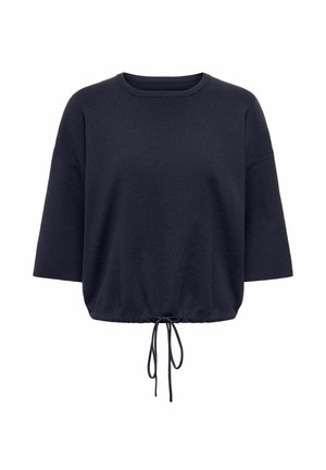 Tamnoplav pulover kratke dolžine iz mehke tkanine, z okroglim izrezom, ohlapnimi rokavi in nastavljivim vrvico na spodnjem robu.
