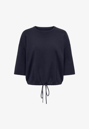 Tumesinine külgkärbitud pusa pehmest kangast, ümar kaelusega, lahtiste varrukatega ja reguleeritava nööriga alläär.