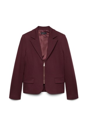 Blazer da donna viola scuro con maniche lunghe, collo con rever intagliato, cerniera frontale e due tasche con pattina su sfondo bianco.