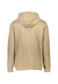 Sudadera con capucha beige de manga larga, corte relajado y puños acanalados. Textura suave con un bolsillo tipo canguro en la parte frontal.