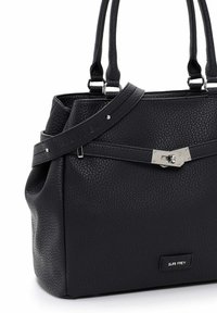 Black textured leather handbag with dual handles, adjustable shoulder strap, metal hardware, and a decorative clasp detail on the front.