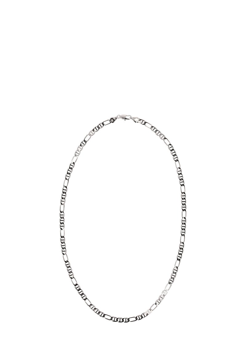 Zilveren metalen halsketting met afwisselende ovale en schakels, een gladde textuur en een veilige sluiting.