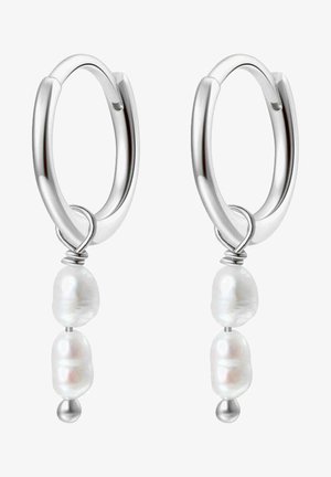 Pendientes de aro de plata con dos perlas blancas colgantes, que cuentan con una textura suave y un diseño elegante. Hardware ajustable para un uso seguro.