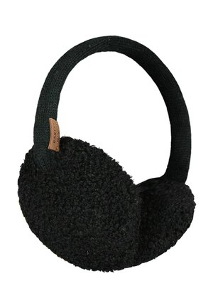 Schwarze Ohrenschützer mit weicher, flauschiger Textur. Runde Ohrabdeckungen und ein gestricktes Stoffband. Braunes Etikett auf einer Seite mit dem Markennamen.