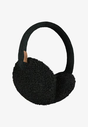 Schwarze Ohrenschützer mit weicher, flauschiger Textur. Runde Ohrabdeckungen und ein gestricktes Stoffband. Braunes Etikett auf einer Seite mit dem Markennamen.