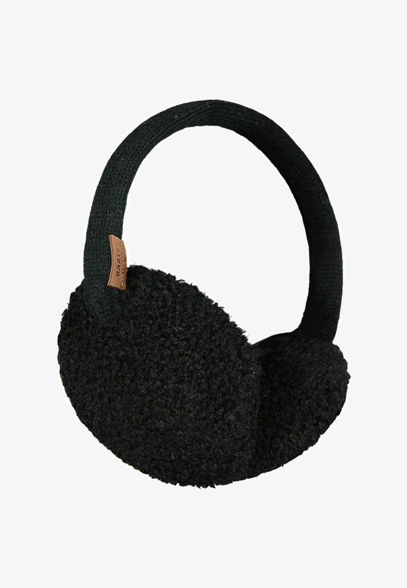 Black ear muffs with soft, fuzzy texture. Rounded ear covers and a knitted fabric headband. Brown label on one side with brand name.