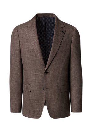 Brązowa teksturowana marynarka męska z dwoma guzikami, wciętymi klapami i kieszeniami z patkami, z ciemną, wzorzystą podszewką.