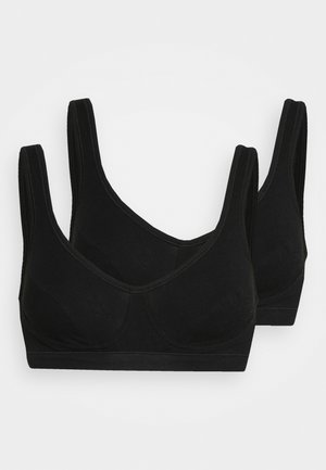 Two black bras made of soft fabric, with wide straps, a smooth texture, and subtle seam detailing on the cups for support.