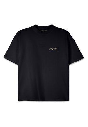 Black cotton t-shirt with a crew neckline and short sleeves. Features a small gold "Pegador" logo on the left chest area.
