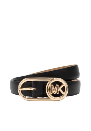 Ceinture en cuir noir avec une boucle ovale dorée ornée d'un logo MK gravé, texture lisse et design à double boucle.