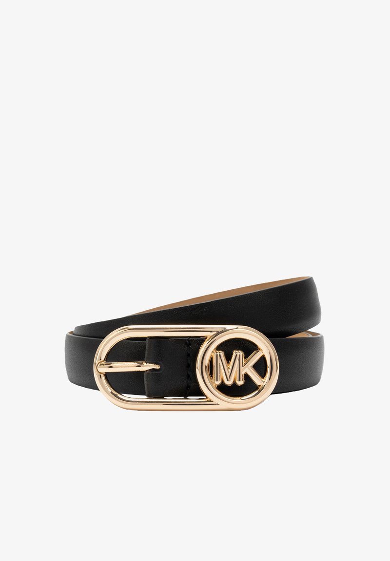 Ceinture en cuir noir avec une boucle ovale dorée ornée d'un logo MK gravé, texture lisse et design à double boucle.