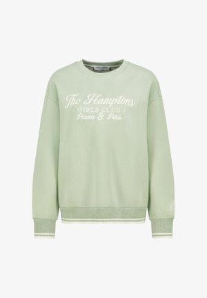 Light green sweatshirt with a crew neckline, ribbed cuffs, and hem. Features white embroidered text: "The Hamptons Girls Club Prosecco & Petals."