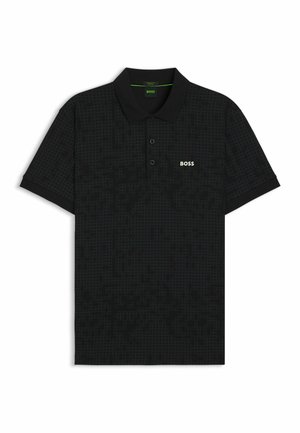 Polo nero realizzato in tessuto testurizzato con un sottile motivo a quadrati. Colletto a tre bottoni con logo bianco "BOSS" a contrasto sul petto.