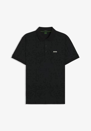 Black polo shirt made of textured fabric featuring a subtle square pattern. Three-button placket with contrasting white "BOSS" logo on the chest.