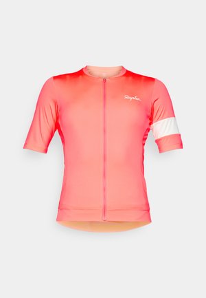 Short-sleeve cycling jersey in gradient pink with a front zipper, featuring a white stripe on the left sleeve and a subtle logo detail.