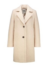 Beige textuurjas met een geknipt kraagje, sluiting met knoop aan de voorkant en zijzakken. Zacht, fuzzy materiaal met een licht oversized pasvorm.