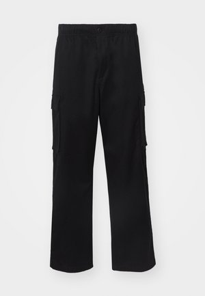 Black cargo pants featuring an elastic waistband, side pockets, and a straight-leg design, made from a lightweight fabric.