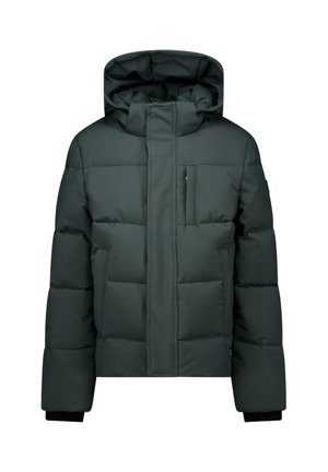 Donkergroene gewatteerde winterjas met capuchon, rits aan de voorkant bedekt door een klep, en een borstzak met rits aan de rechterkant.