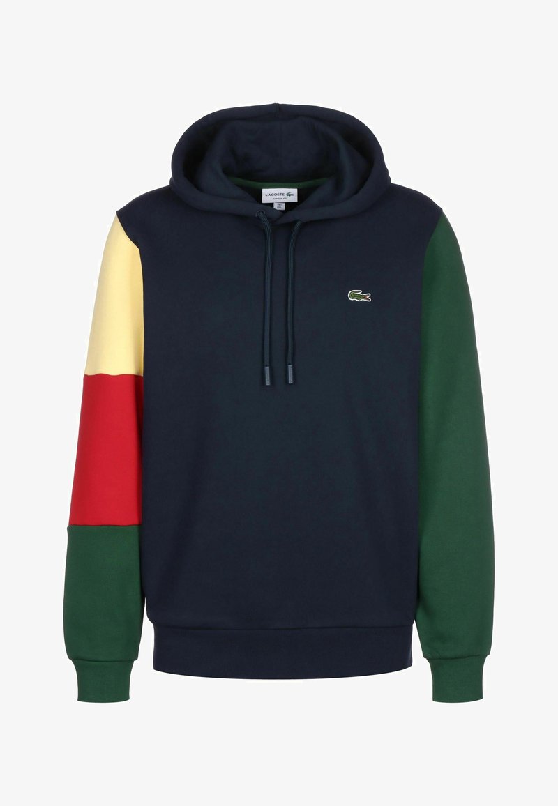 Sweat-shirt à capuche bleu marine avec des manches multicolores : jaune, rouge et vert. Doté d'un cordon de serrage et d'un petit logo sur la poitrine. Tissu confortable.