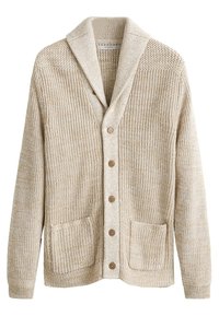 Cardigan beige en maille avec col châle, boutons sur le devant, et deux poches texturées. Présente une texture douce et tissée avec des boutons marron.