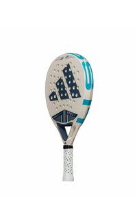 Adidas Padel-Racket mit runder Kopfstruktur, cremefarbenem Oberflächenfinish, blauen Akzenten, perforiertem Schlägerblatt und strukturiertem schwarz-weißen Griff.