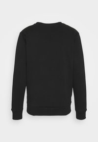Felpa nera con maniche lunghe, colletto rotondo e polsini a coste. Texture liscia, colore uniforme e nessun motivo o dettaglio visibile.