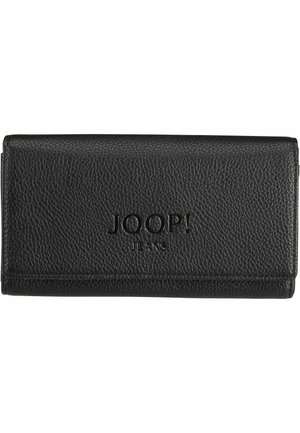 Schwarze Lederbrieftasche mit strukturiertem Oberflächen, geprägtem Logo "JOOP! JEANS" auf der Vorderseite und rechteckiger Form mit Klappenverschluss.