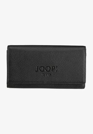 Black leather wallet featuring a textured surface, embossed logo "JOOP! JEANS" on the front, and a rectangular shape with a flap closure.