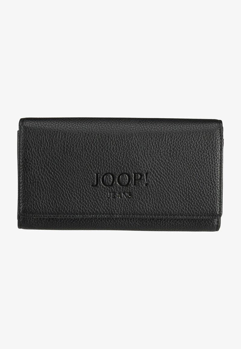 Svart läderplånbok med en strukturerad yta, präglad logotyp "JOOP! JEANS" på framsidan, och en rektangulär form med en låsbar klaff.