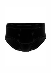 Schwarze Baumwollunterhose mit glatter Textur, die eine enge Passform aufweist, genähte Akzente hat und einen festen elastischen Bund besitzt. Keine Muster vorhanden.