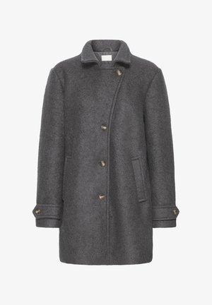 Grau melierter Wollmix-Mantel mit Reverskragen, Frontknöpfen und Seitentaschen. Verfügt über eine glatte Textur und eine strukturierte Silhouette.