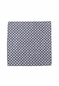 Patterned fabric in dark blue, featuring repeated circular motifs in pink and white, with a textured weave. Rectangular shape.