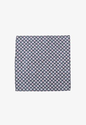 Patterned fabric in dark blue, featuring repeated circular motifs in pink and white, with a textured weave. Rectangular shape.