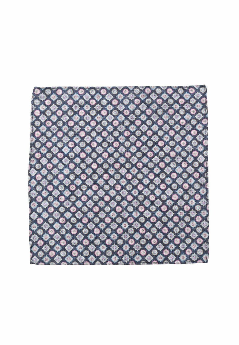 Patterned fabric in dark blue, featuring repeated circular motifs in pink and white, with a textured weave. Rectangular shape.