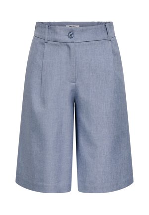 Pantalones cortos ajustados azul claro hasta la rodilla con cintura, cierre de botón y discretas pinzas delanteras.