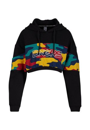 Black cropped hoodie with colorful camouflage pattern across the chest and sleeves; features a drawstring hood and bold white brand lettering.