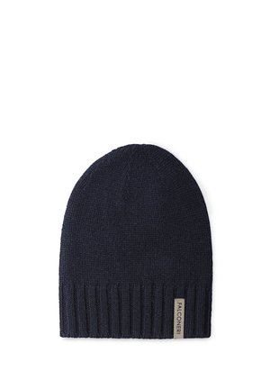 Marineblaue Strickmütze mit geripptem Saum und kleinem rechteckigem Falconeri-Markenetikett am Rand.