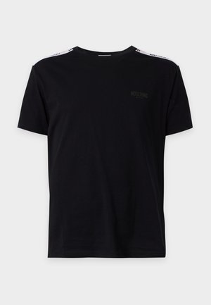T-shirt de manga curta Moschino Active preta com fita branca com marca nos ombros e logótipo subtil no peito.