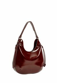Borsa a mano in pelle verniciata bordeaux, stile hobo con una forma curva. Caratterizzata da una singola tracolla e un dettaglio decorativo con cordoncino sul lato.