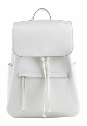 White leather backpack with a front zip pocket, drawstring closure, and top flap with a handle.