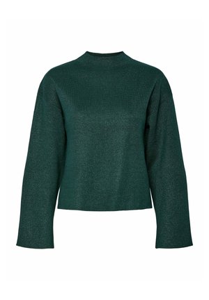 Donkergroene, lange mouwen sweater met een hoge halslijn, voorzien van een gestructureerde, glanzende stof en een boxy silhouet.