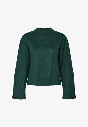 Mørkegrøn, langærmet sweater med høj hals, med et tekstureret, glitrende stof og en boxy silhuet.