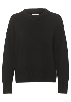Čierny pletený sveter s rebrovaným okrúhlym výstrihom, spustenými ramenami a rebrovanými manžetami a lemom. Mäkká textúra, voľný strih.
