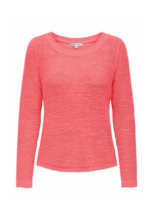 Pull en tricot rose corail pour femme, à manches longues, col rond, avec poignets et ourlet côtelés.